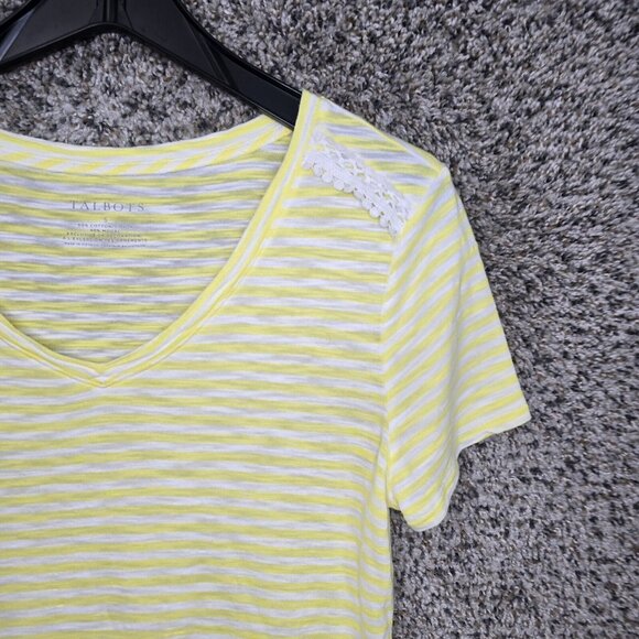 Talbots Top Womens Small Yellow Striped Slub Knit V Neck Cotton Modal Casual - Picture 2 of 7